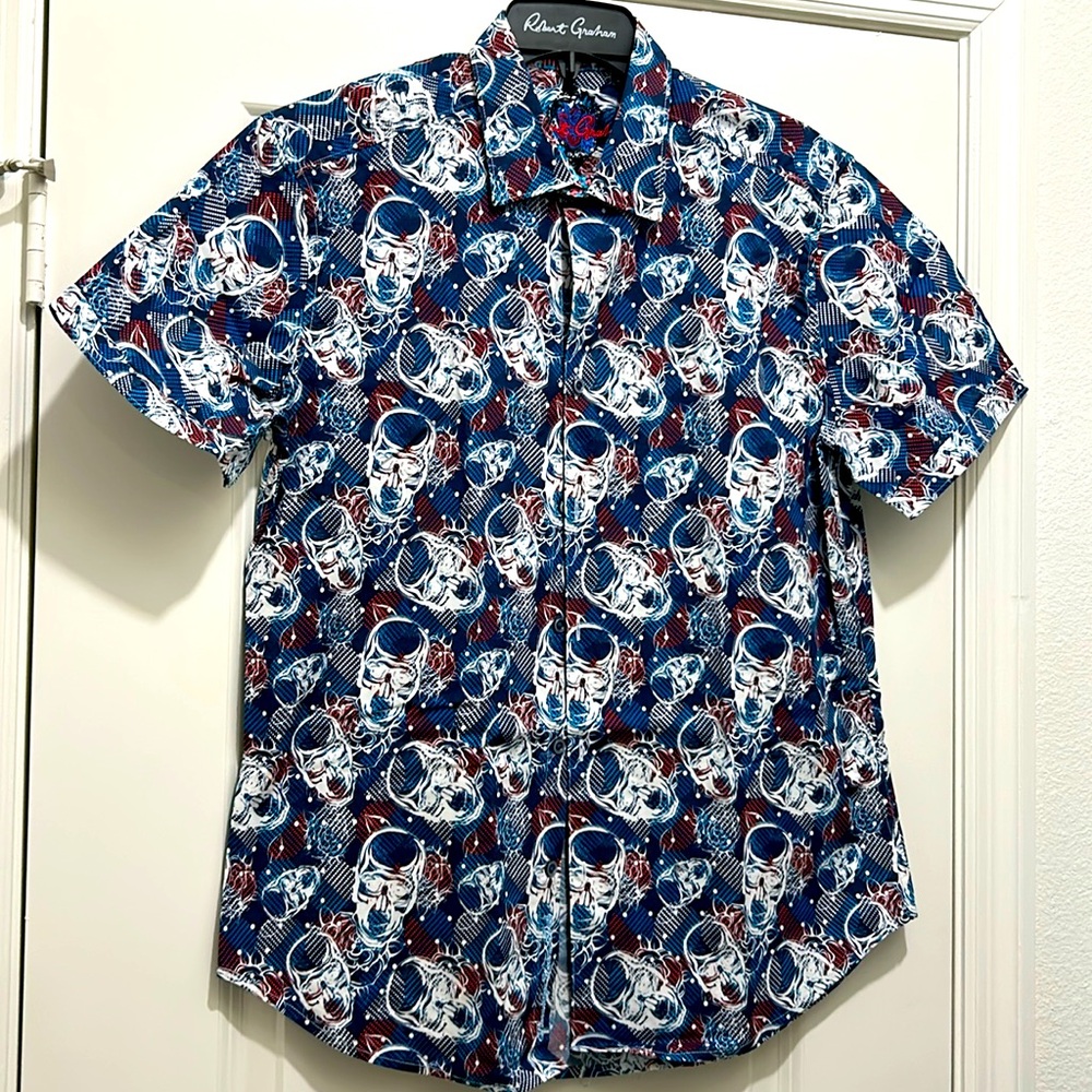 Robert Graham Shirt Mens Large Blue Skulls Roses All Over Print Fayetteville